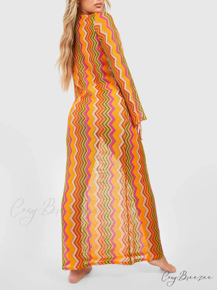 Orange Soda Stripe Print O-Ring Trendy Long Sleeve Beach Maxi Dress