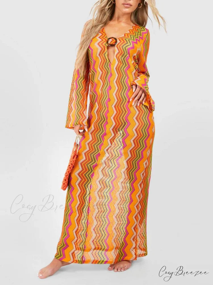 Orange Soda Stripe Print O-Ring Trendy Long Sleeve Beach Maxi Dress