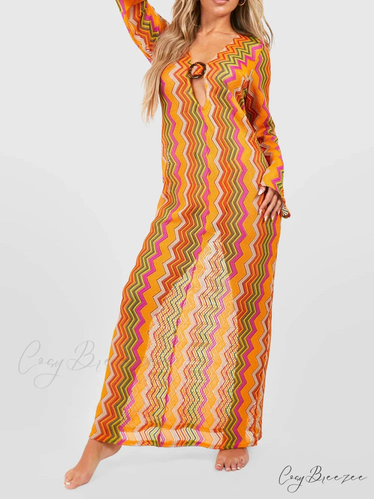 Orange Soda Stripe Print O-Ring Trendy Long Sleeve Beach Maxi Dress