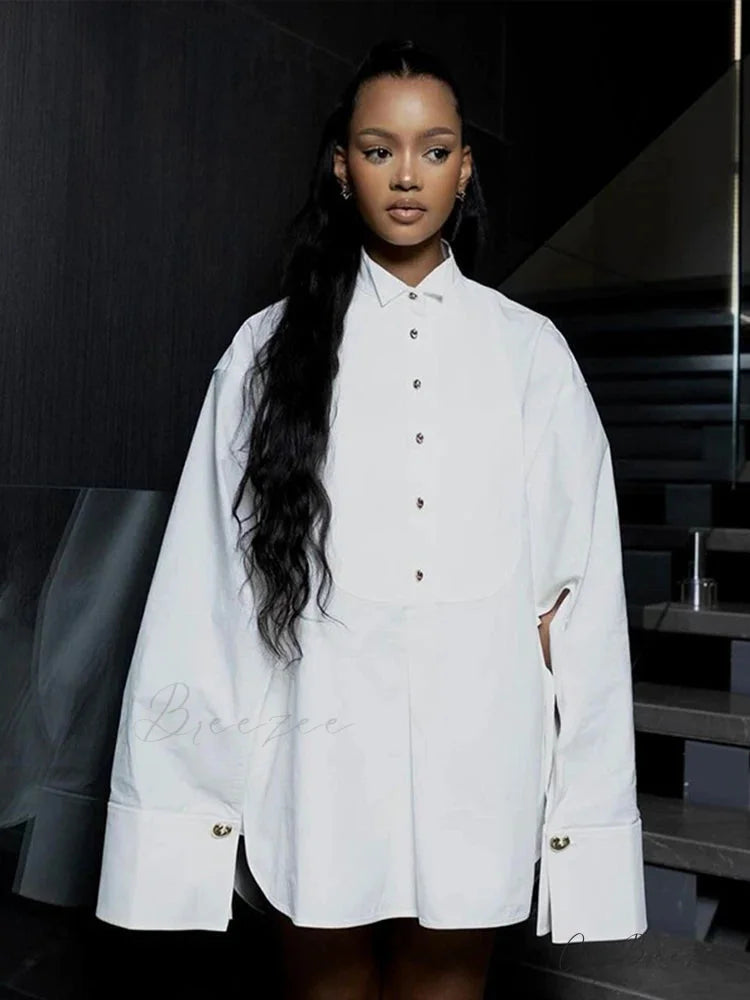 Oversize White Lapel Full Sleeve Side Split Crop Top blouse-250126