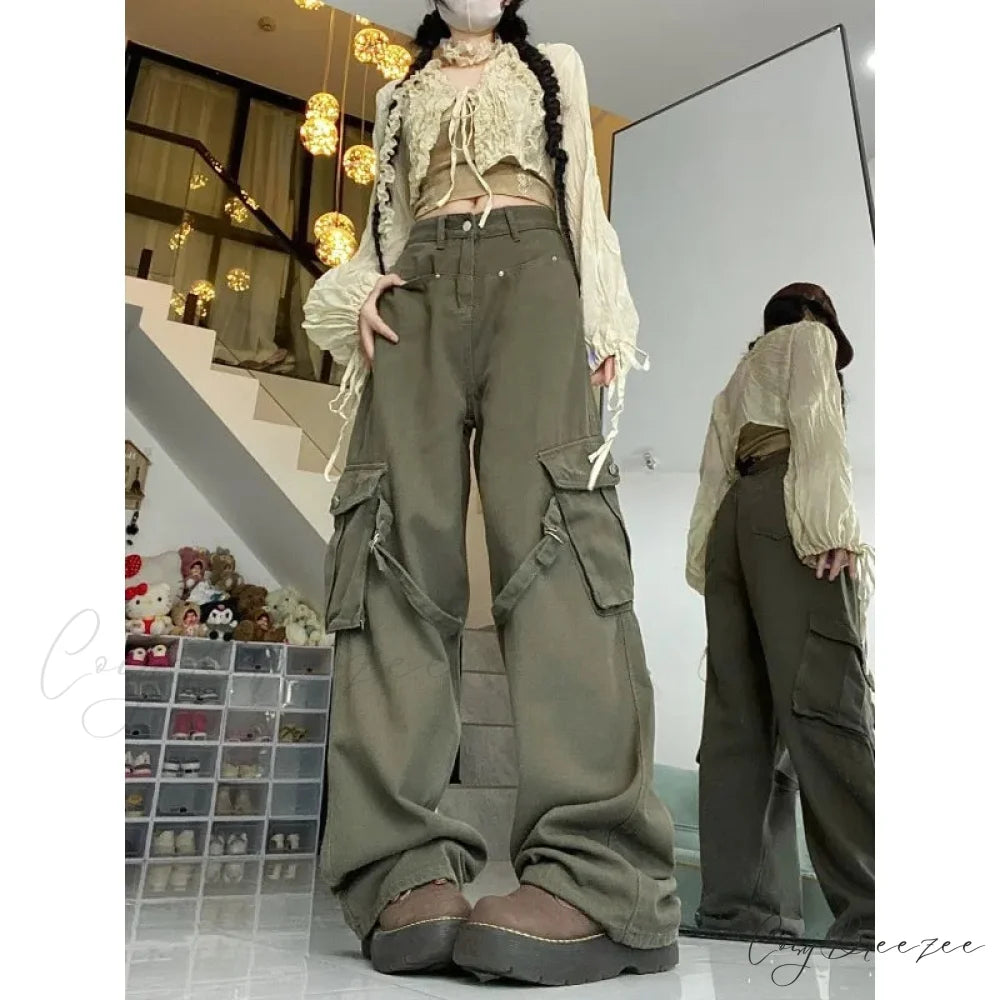 Oversized Cargo Denim Jeans Women Pants Green / S pants-241228