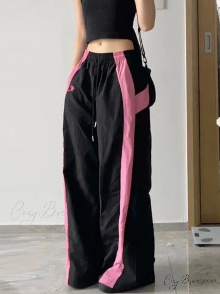 Oversized Contrast Stylish Stripe Parachute Pants Black / M