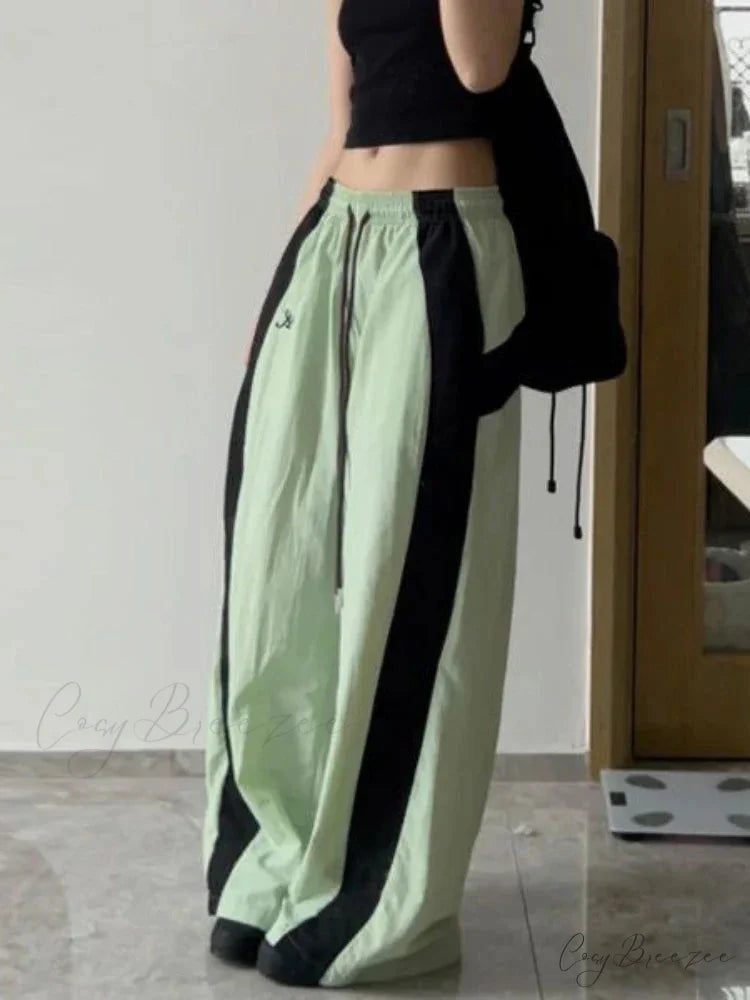 Oversized Contrast Stylish Stripe Parachute Pants Green / M