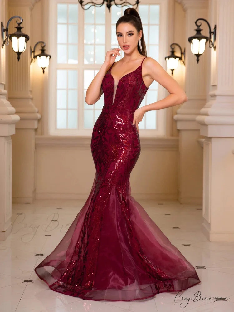 Padded V-Neck Sequin Party Dress Claret / S