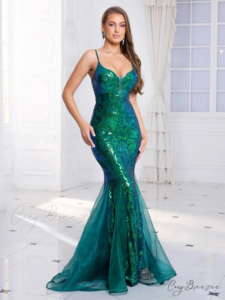 Padded V-Neck Sequin Party Dress Green / S