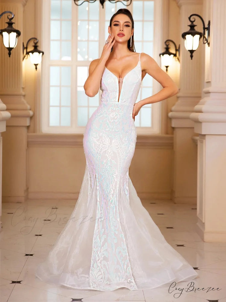 Padded V-Neck Sequin Party Dress WHITE / S