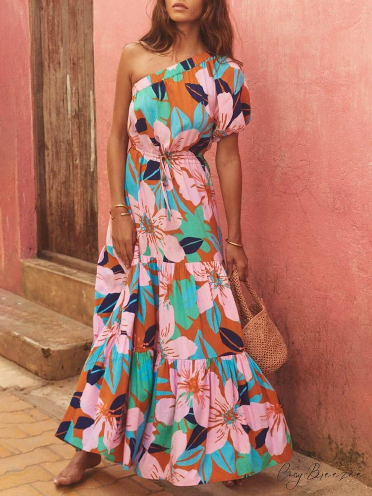 Palm Leaf Print Off-Shoulder Graceful Holiday Style Floral Dress Pink / S