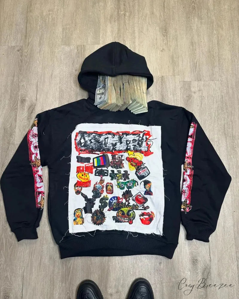 Patched Pullover Sweatshirt Hoodie black 1 / S hoodies-241228