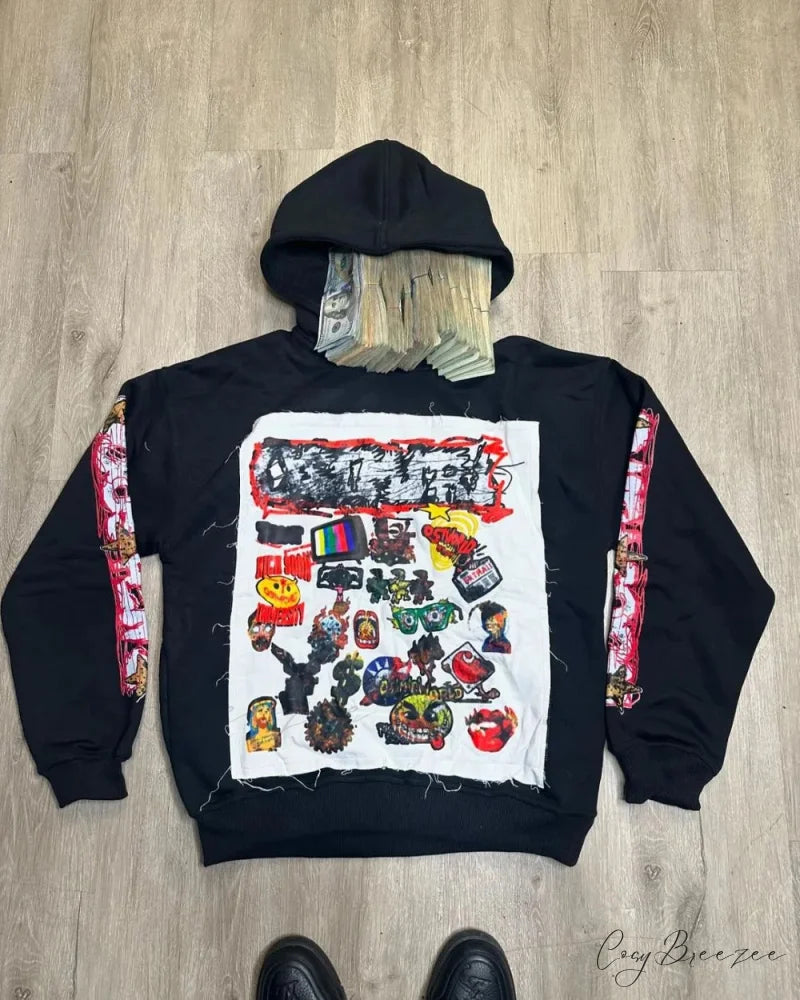 Patched Pullover Sweatshirt Hoodie hoodies-241228