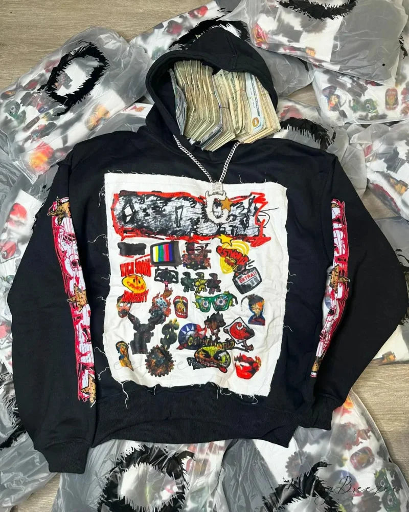 Patched Pullover Sweatshirt Hoodie hoodies-241228
