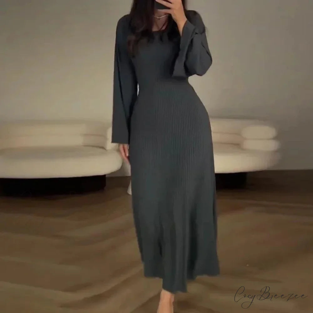 Patchwork Bandaged Round-necked Slim-fitted Long-sleeved Street-ready Ankle-length Maxi Dress Dark Gray / S