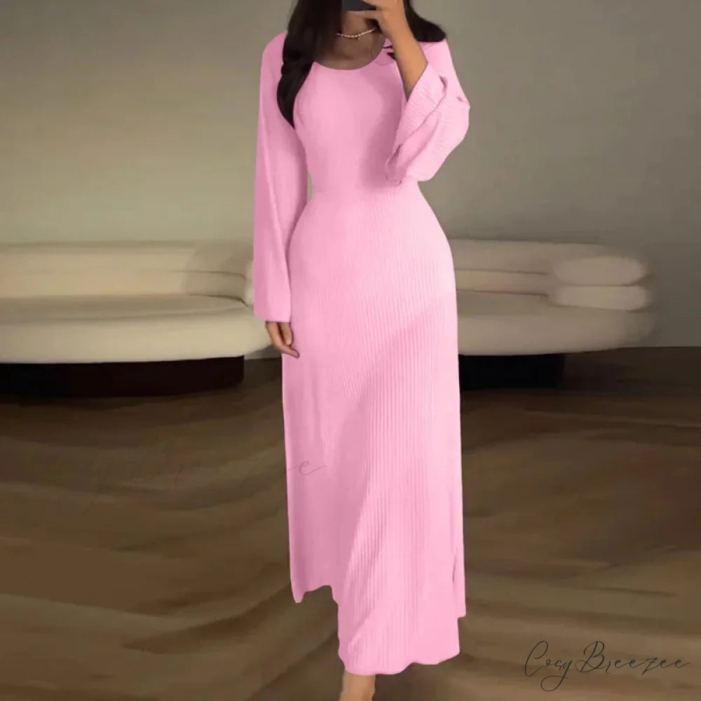 Patchwork Bandaged Round-necked Slim-fitted Long-sleeved Street-ready Ankle-length Maxi Dress PINK / S
