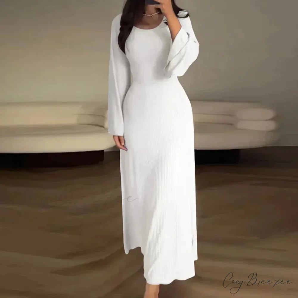 Patchwork Bandaged Round-necked Slim-fitted Long-sleeved Street-ready Ankle-length Maxi Dress WHITE / S