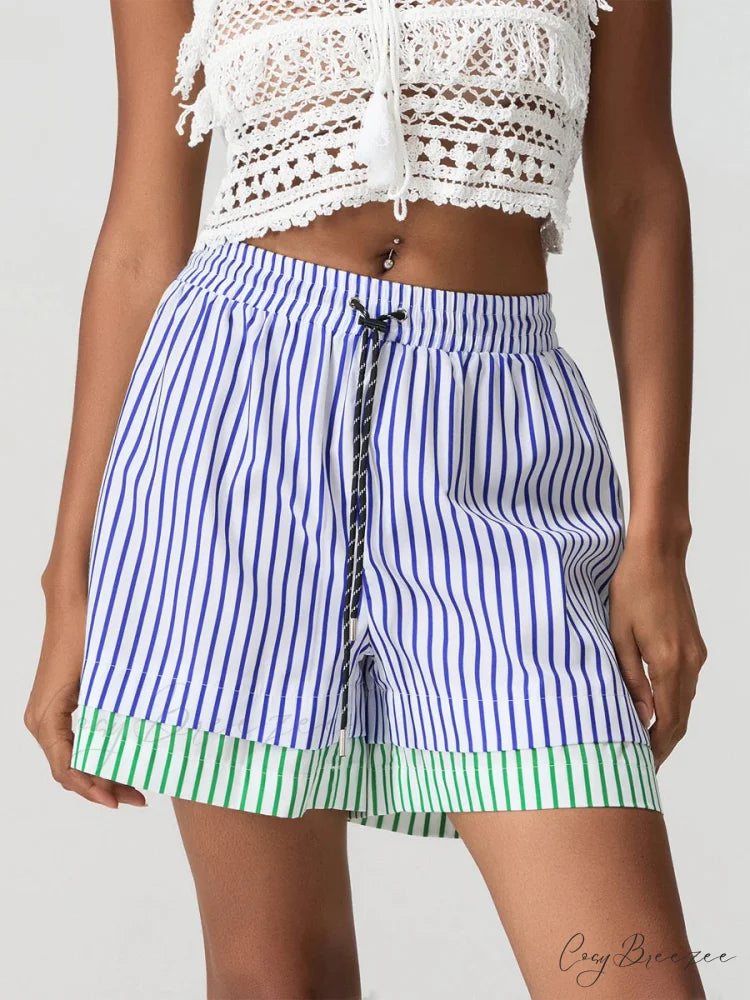 Patchwork Drawstring Wide-Leg Shorts short-250223