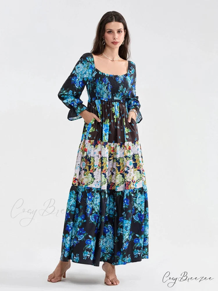 Patchwork Floral Bohemian Off-Shoulder Puff Sleeve Ruffled Beach Dress BLUE1 / S floraldress-250126