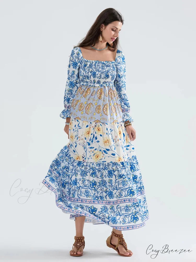 Patchwork Floral Bohemian Off-Shoulder Puff Sleeve Ruffled Beach Dress BLUE2 / S floraldress-250126