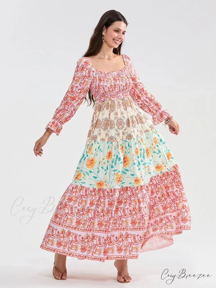 Patchwork Floral Bohemian Off-Shoulder Puff Sleeve Ruffled Beach Dress floraldress-250126