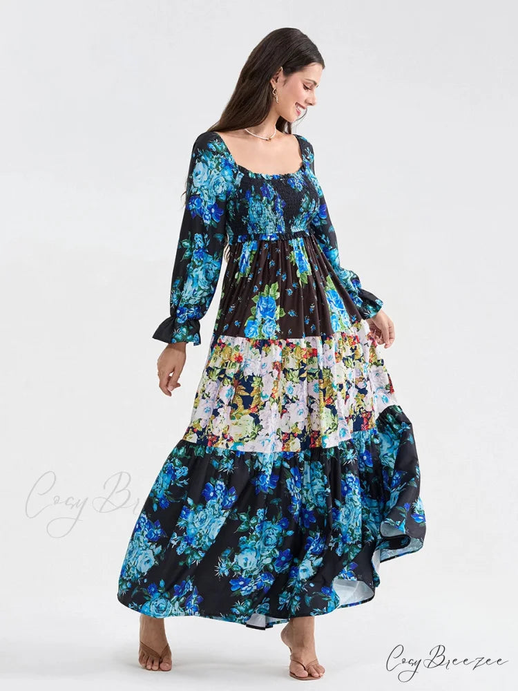Patchwork Floral Bohemian Off-Shoulder Puff Sleeve Ruffled Beach Dress floraldress-250126