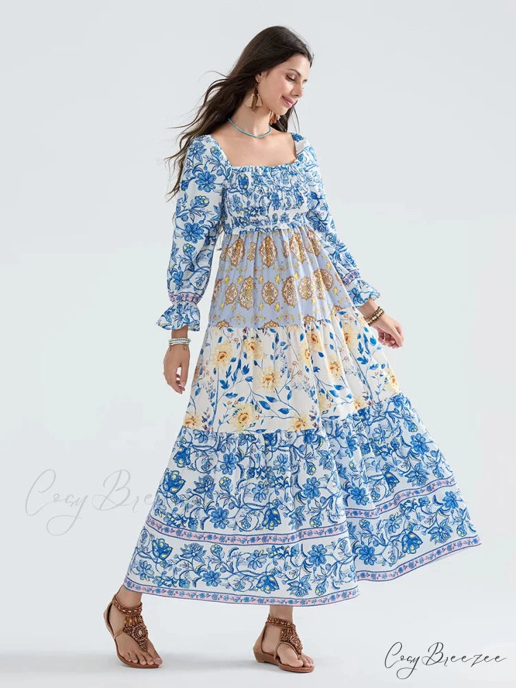 Patchwork Floral Bohemian Off-Shoulder Puff Sleeve Ruffled Beach Dress floraldress-250126
