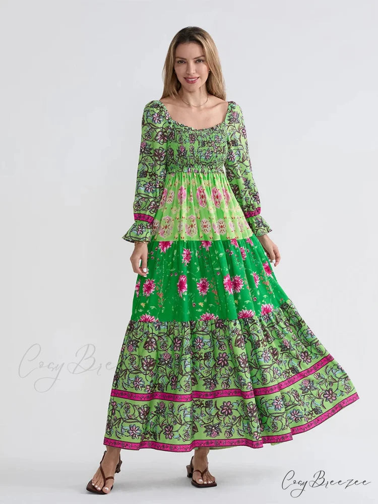 Patchwork Floral Bohemian Off-Shoulder Puff Sleeve Ruffled Beach Dress GREEN / S floraldress-250126