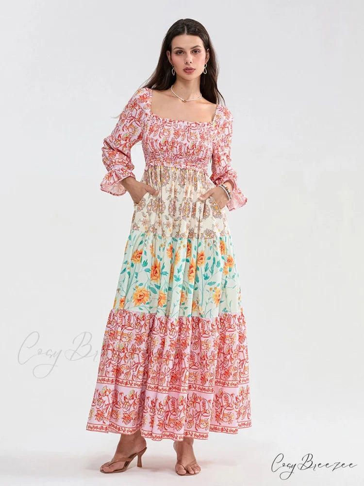 Patchwork Floral Bohemian Off-Shoulder Puff Sleeve Ruffled Beach Dress PINK / S floraldress-250126