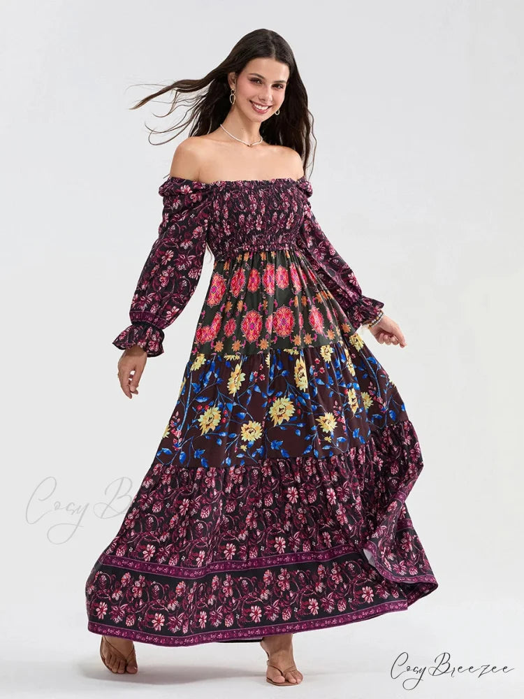 Patchwork Floral Bohemian Off-Shoulder Puff Sleeve Ruffled Beach Dress RED1 / S floraldress-250126