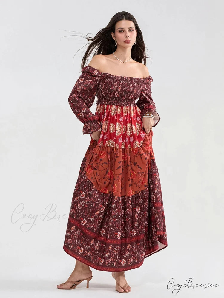 Patchwork Floral Bohemian Off-Shoulder Puff Sleeve Ruffled Beach Dress RED2 / S floraldress-250126