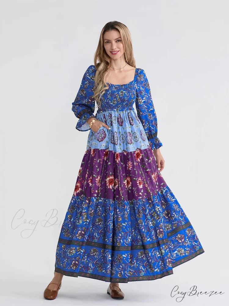 Patchwork Floral Bohemian Off-Shoulder Puff Sleeve Ruffled Beach Dress RED3 / S floraldress-250126