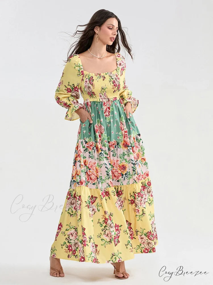 Patchwork Floral Bohemian Off-Shoulder Puff Sleeve Ruffled Beach Dress YELLOW / S floraldress-250126