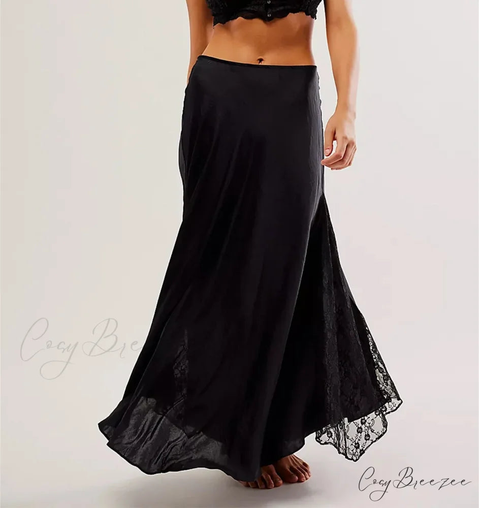 Patchwork Lace Midi Low Waist Summer Skirt black / S
