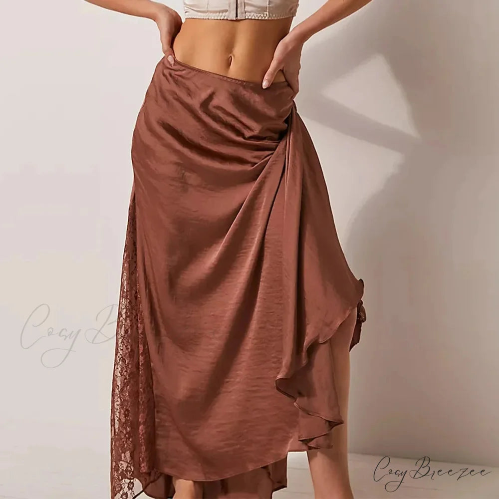 Patchwork Lace Midi Low Waist Summer Skirt brown / S