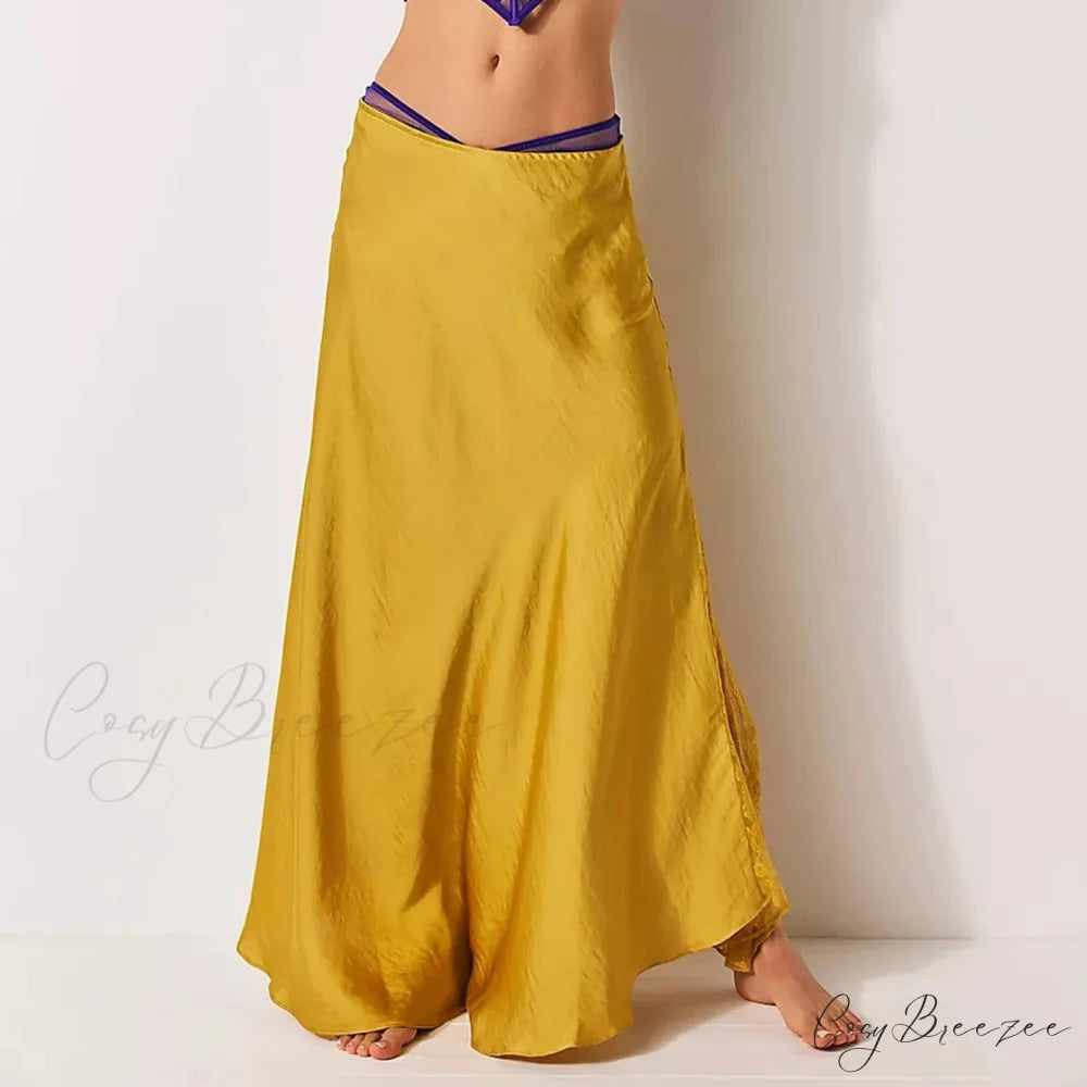 Patchwork Lace Midi Low Waist Summer Skirt yellow / S