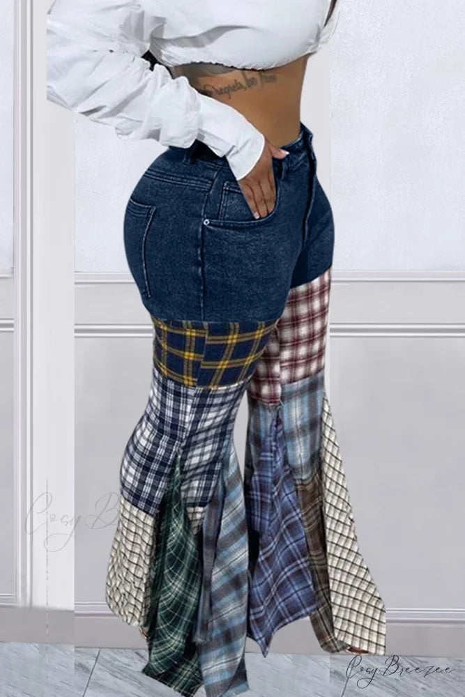 Patchwork Mid-waisted Flares Jeans Dark Blue / XL