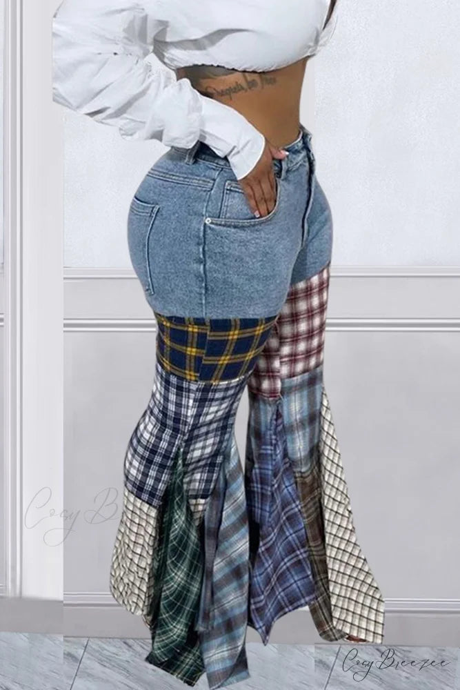 Patchwork Mid-waisted Flares Jeans Light Blue / XL