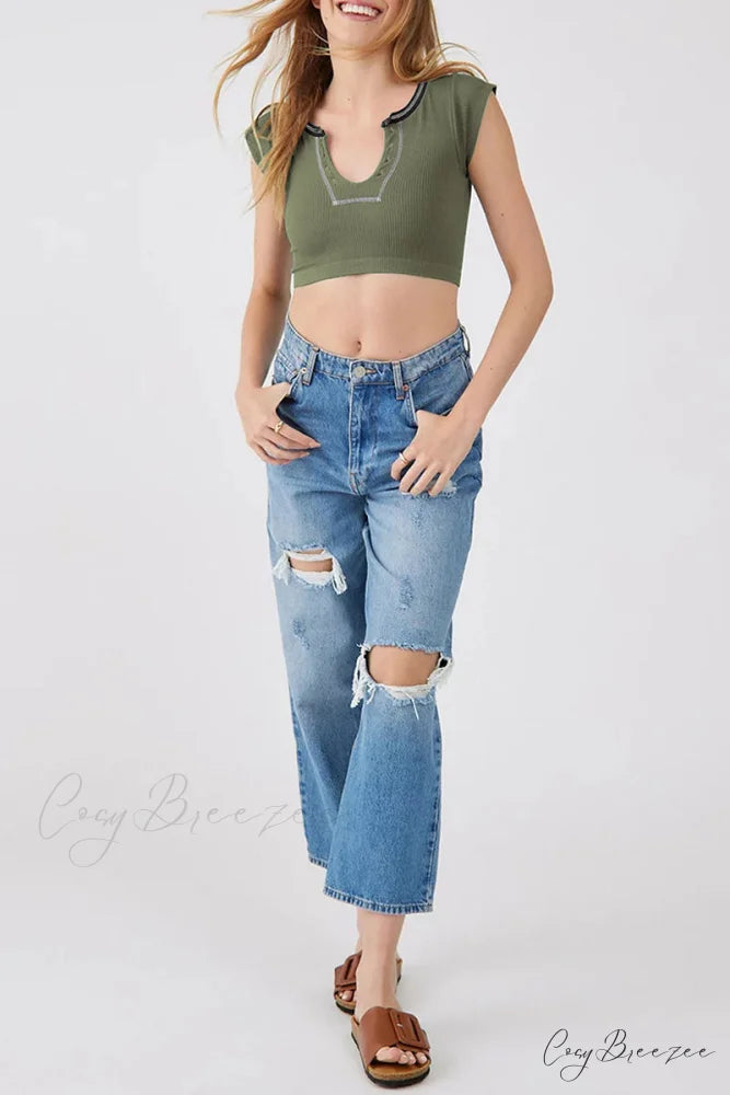 Patchwork Neck U Solid T-Shirt