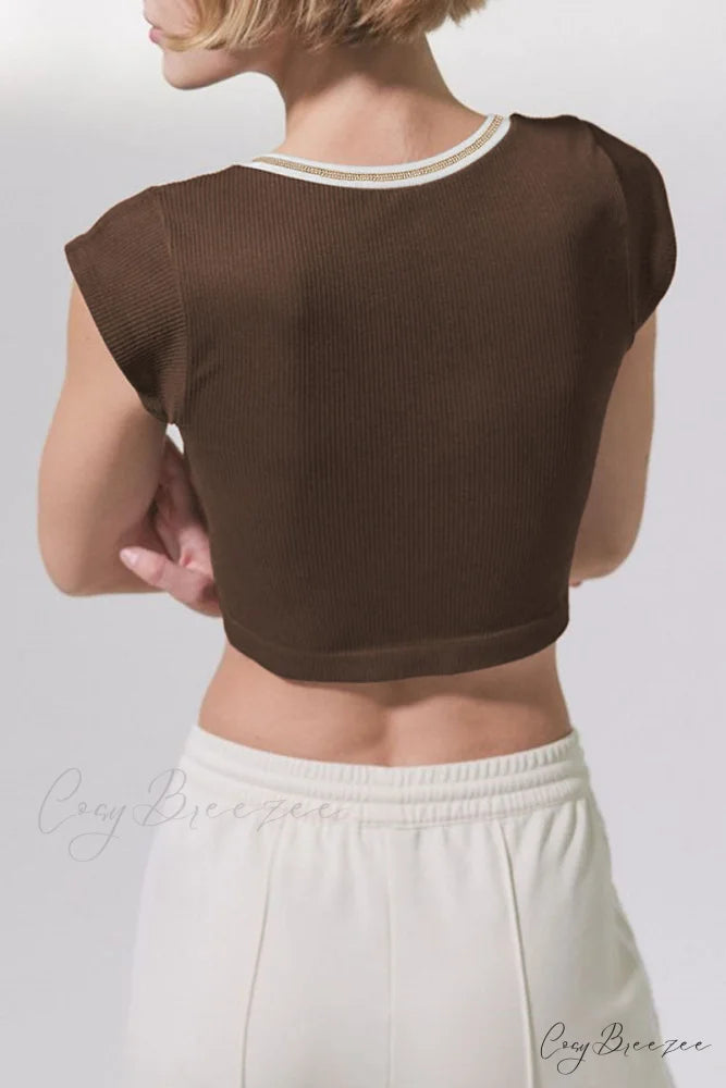 Patchwork Neck U Solid T-Shirt