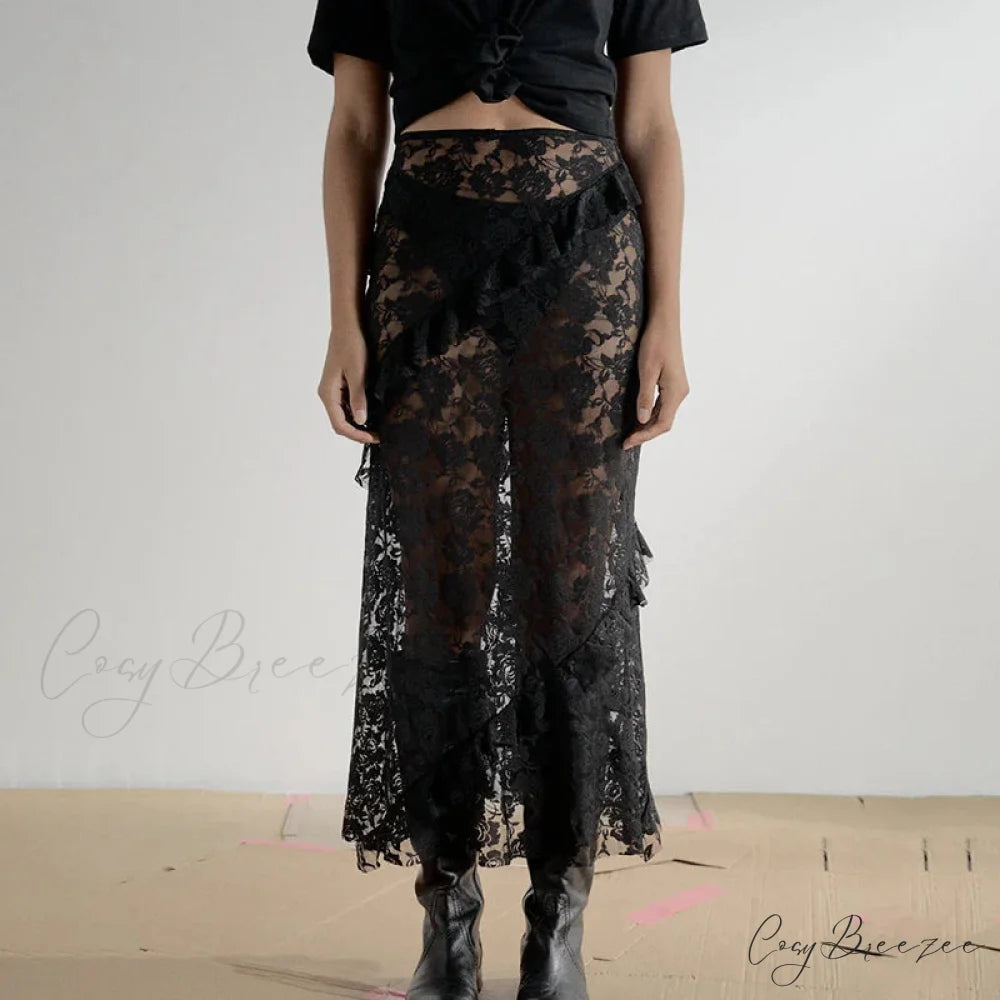 Patchwork Party Lace Ruffled See-Through Maxi Skirt Black / S