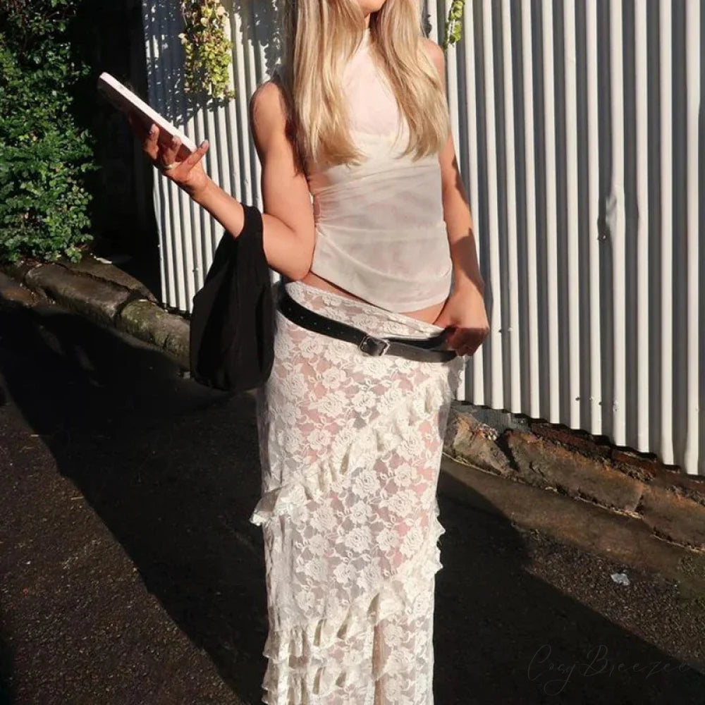 Patchwork Party Lace Ruffled See-Through Maxi Skirt WHITE / S