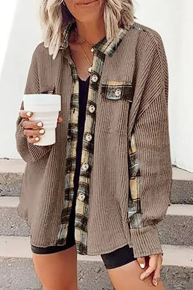 Patchwork Plaid Blouse with Irregular Hem Camel / S