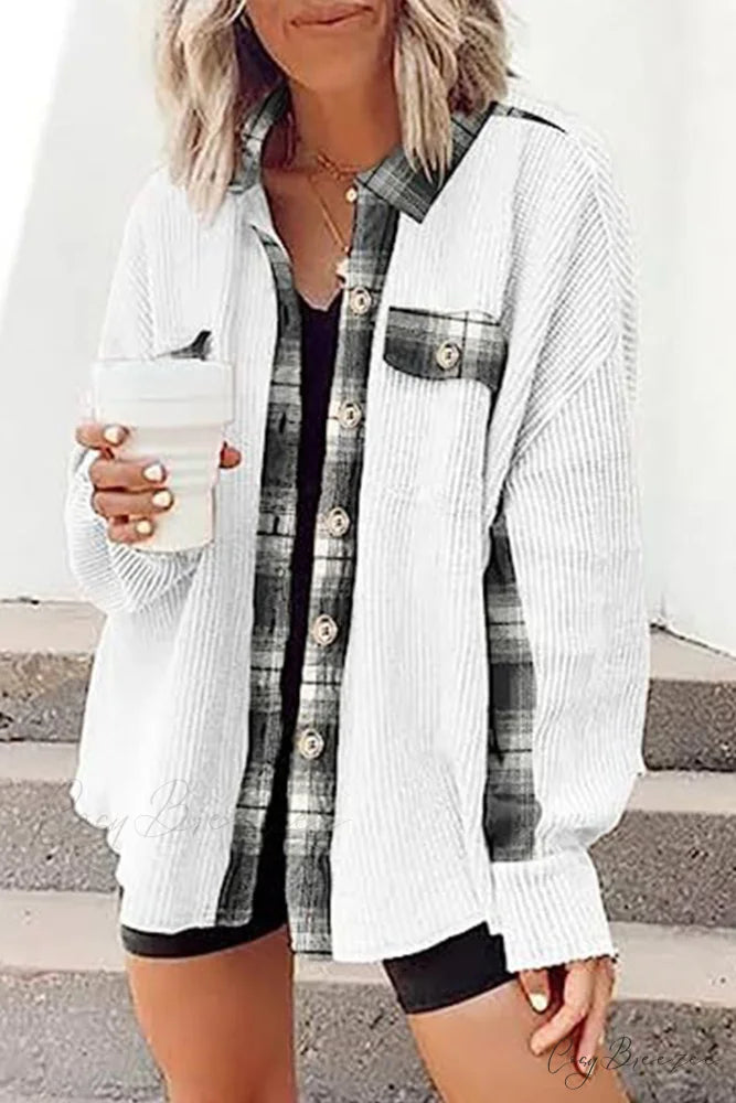 Patchwork Plaid Blouse with Irregular Hem White / S