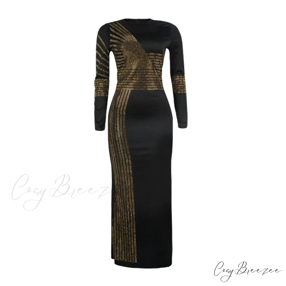 Patchwork Sequin Sheath Skinny High Side Slit O-Neck Long Sleeve Celebrity Bodycon Maxi Lady Vestidos Dress