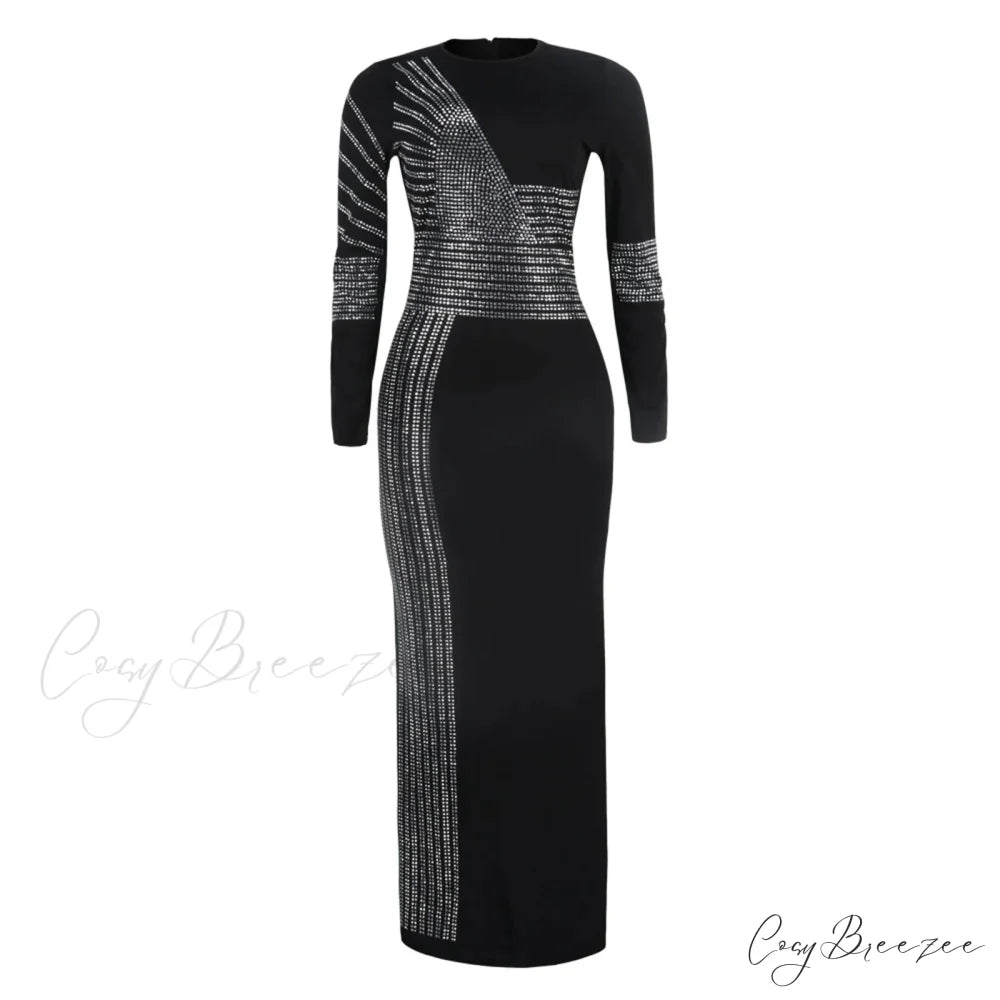 Patchwork Sequin Sheath Skinny High Side Slit O-Neck Long Sleeve Celebrity Bodycon Maxi Lady Vestidos Dress