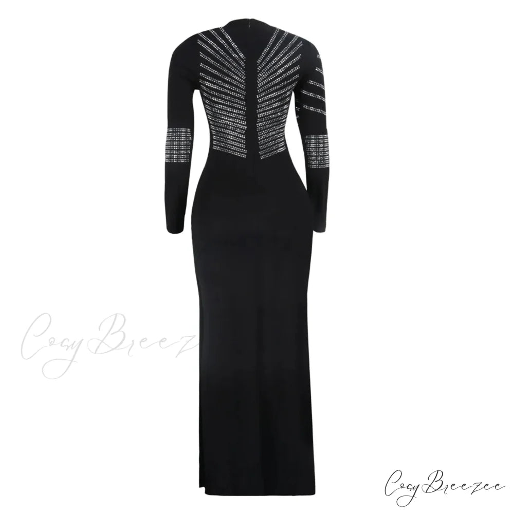 Patchwork Sequin Sheath Skinny High Side Slit O-Neck Long Sleeve Celebrity Bodycon Maxi Lady Vestidos Dress