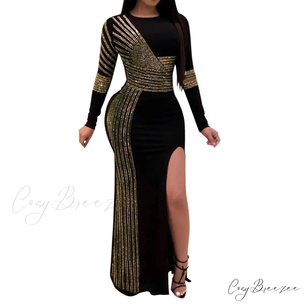 Patchwork Sequin Sheath Skinny High Side Slit O-Neck Long Sleeve Celebrity Bodycon Maxi Lady Vestidos Dress Gold / M