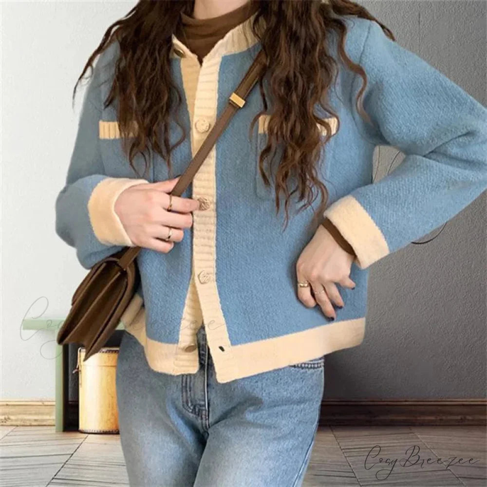 Patchwork Single Breasted Knit Long Sleeve Cardigan Blue / One size(40kg-60kg) cardiagn-250126