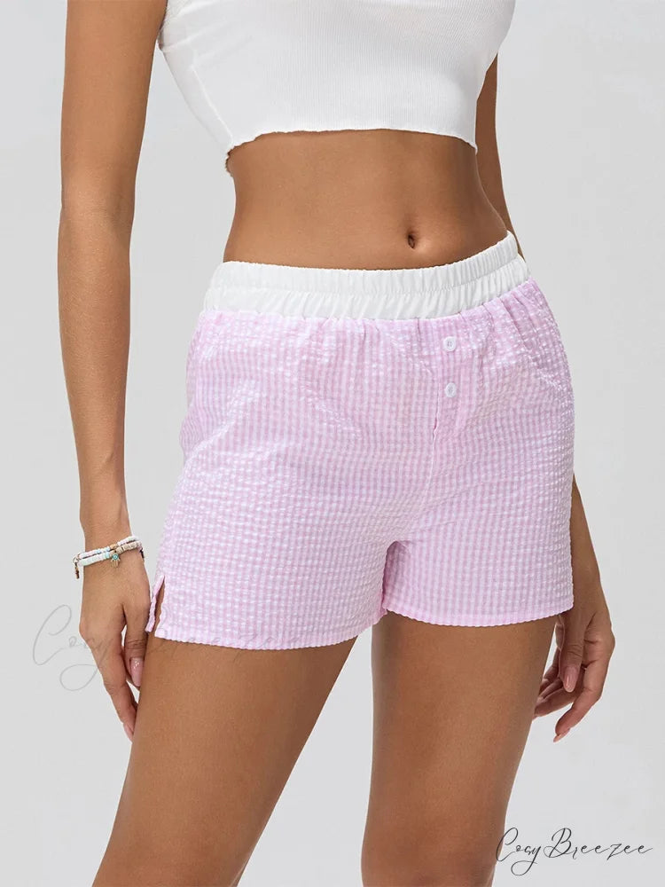 Patchwork Striped Elastic Waist Shorts short-250223