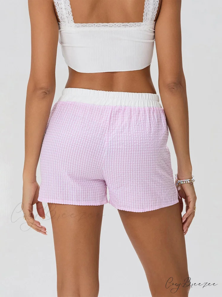 Patchwork Striped Elastic Waist Shorts short-250223
