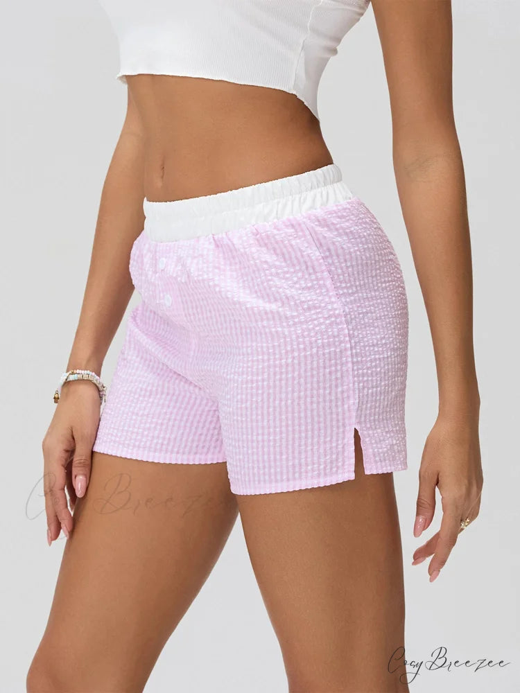 Patchwork Striped Elastic Waist Shorts short-250223