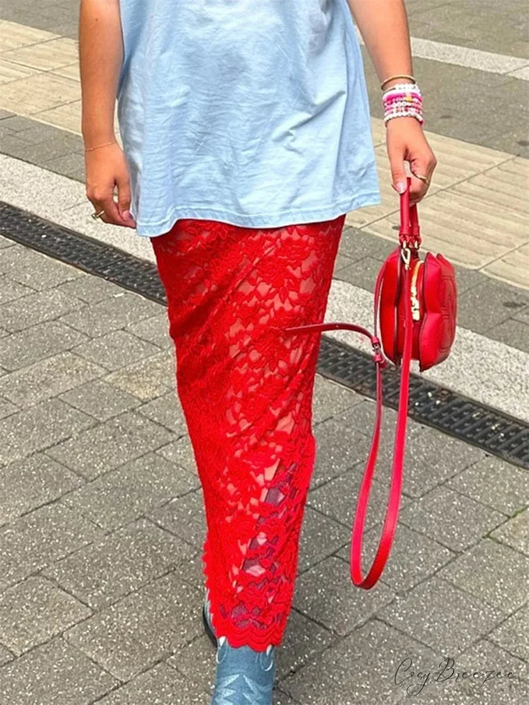 Patchwork Transparent Maxi Skirt Red / S skirts-250223