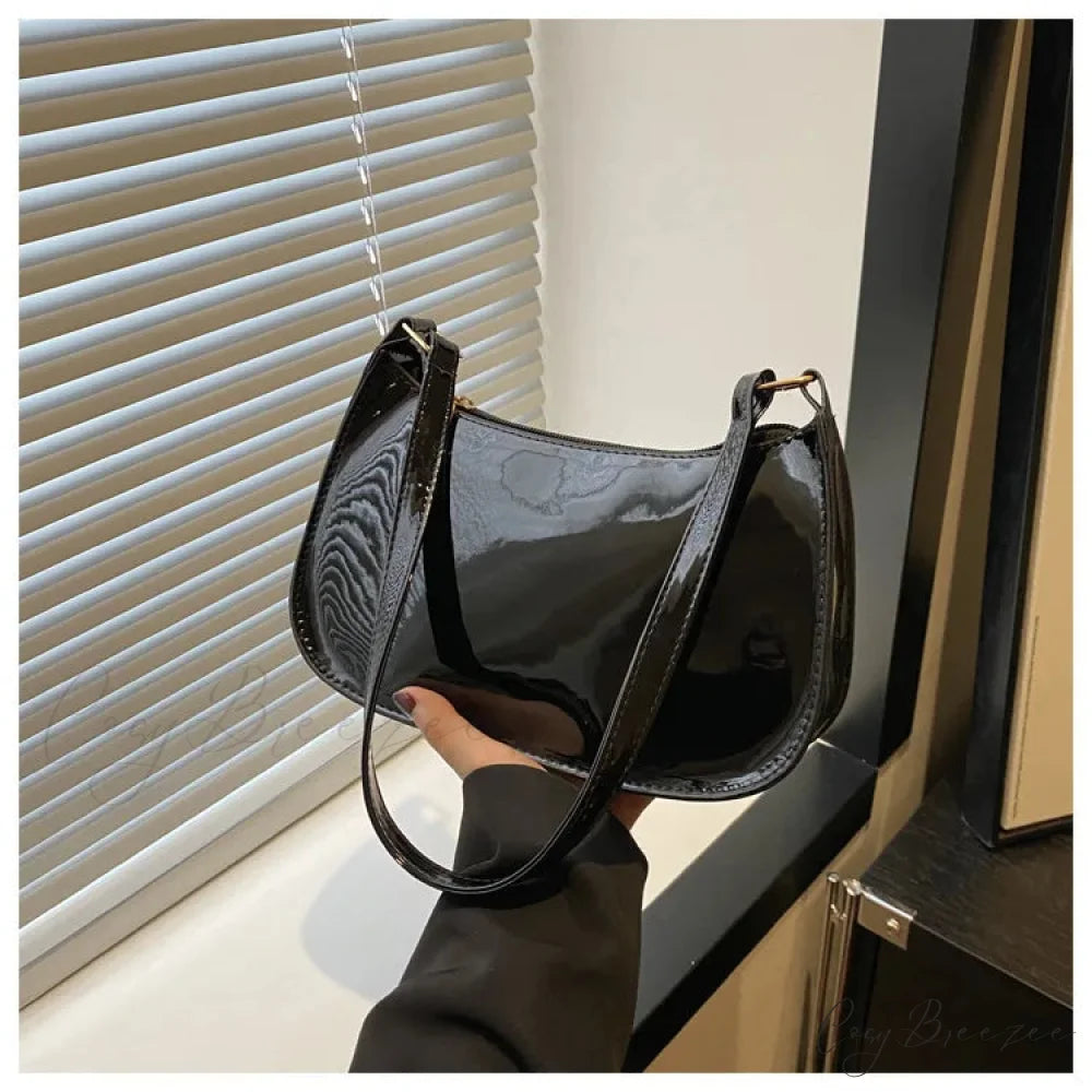 Patent Leather Versatile Fashion Shoulder Bag Black shoulder-250126